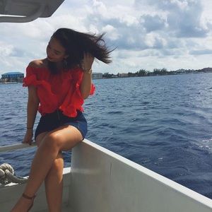 Ruffle off the shoulder Bardot Top